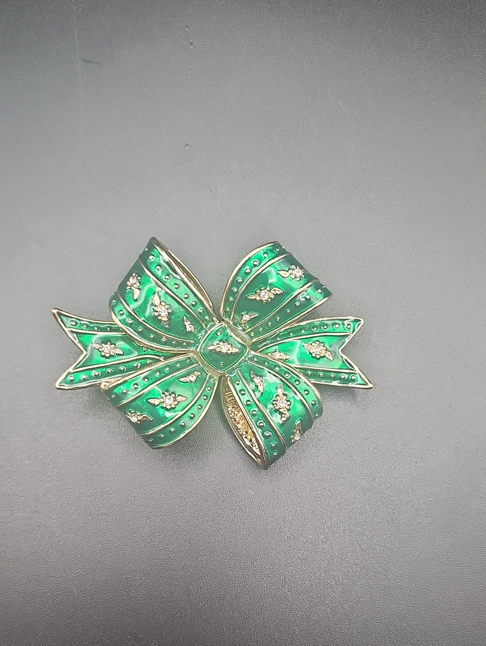 Joan Rivers Emerald Green Enamel Bow Brooch with Crystal Accents